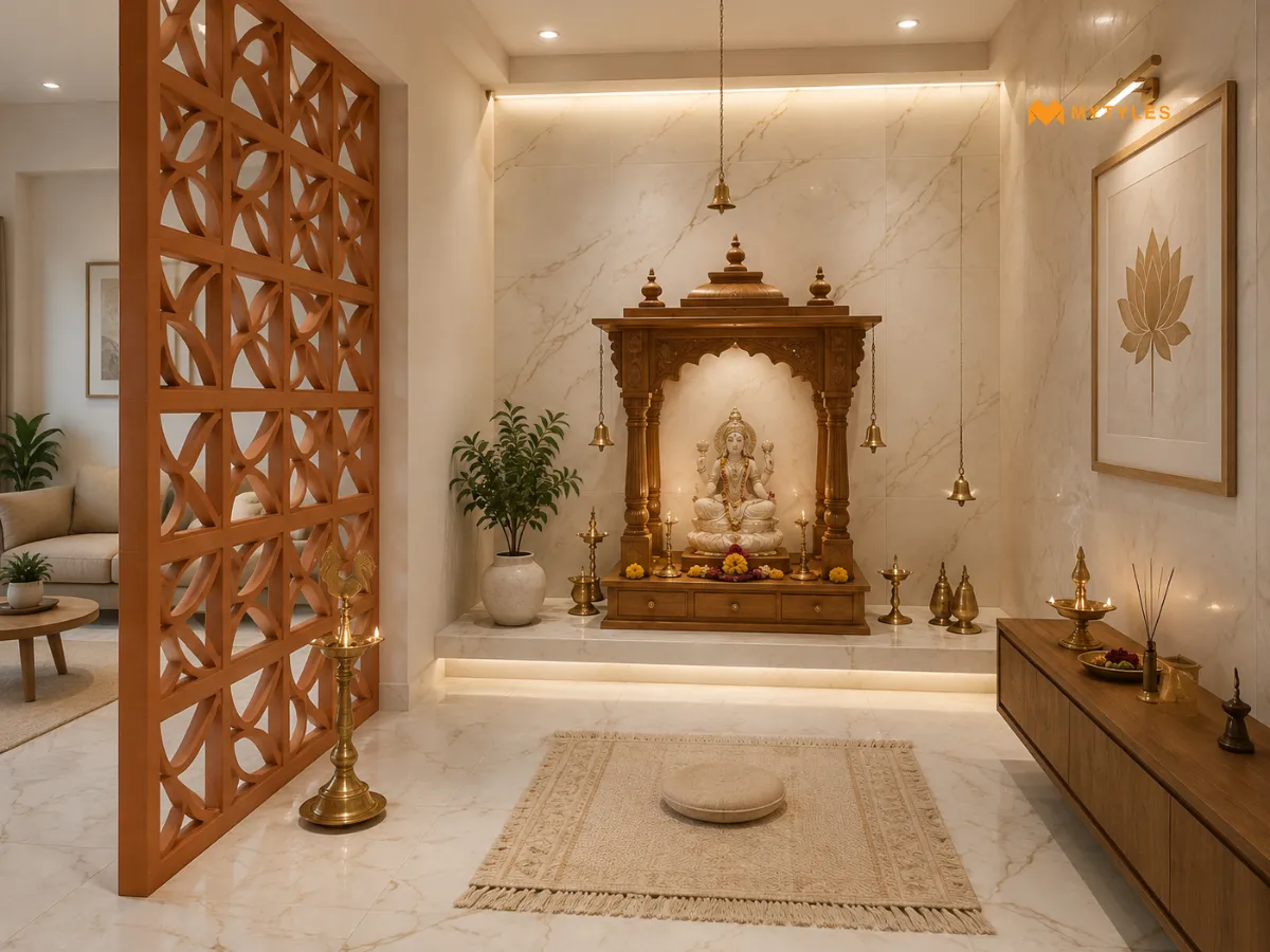Terracotta Jali with Marble-Look Tiles for a Pooja Room